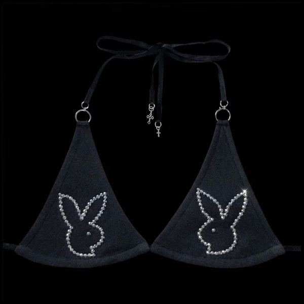 b𝔲𝔫𝔫𝔦 𝔟𝔩𝔦𝔫𝔤༻ handmade black bikini top silver chrome metallic rhinestone bunny mcbling 2000s Y2k goth alt emo gothic cyber grunge