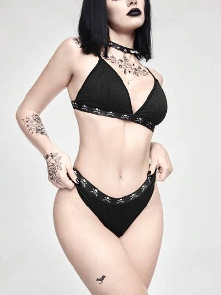 ROMWE Goth Gothic Skeleton Textured Knit Wireless Bra Set For Women
