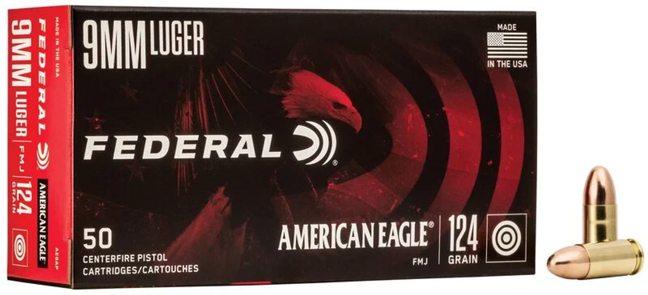American Eagle Handgun, 9mm Luger, 124 Grain, Full Metal Jacket, 1150 fps 9mm Luger Caliber Ammo - 50 Rounds of 124 Grain Weight Ammunition (AE9AP)