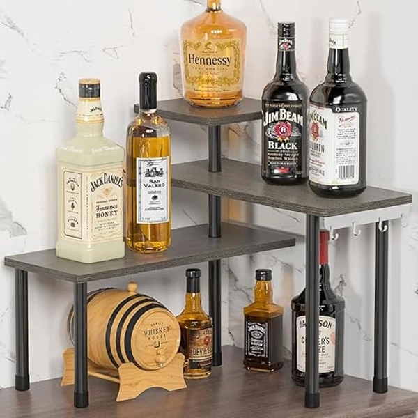 ZHWS Kitchen Countertop Organizer, Bathroom Counter Organizer, Adjustable 3 Tier Corner Shelf with 4 Metal Hooks for Counter Organizer, Spice Rack, Makeups, Coffee Station Bookshelf (Rustic Grey)