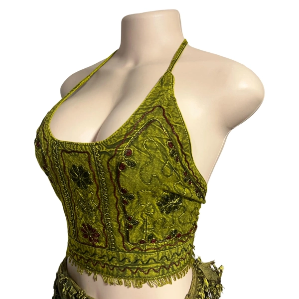 Women’s Festival Olives Green Halter Top Crop Tie Back Hand Embroidery w/Beautiful Flowers & Fringe Soft Comfy Unique Reversible Adjustable
