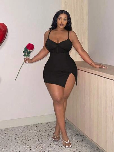 SHEIN Slayr Plus Size Sexy Valentine Twisted Knot Split Spaghetti Strap Dress