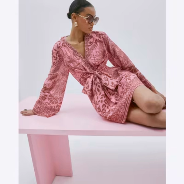 Pink Long Sleeve Tie Front Mini Dress