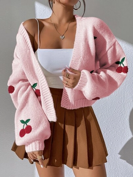 Flirla Kirsche Stickerei Laternärmel Duster Cardigan, Damen Frühling/Herbst lässiges Bischofärmel Oversized Baby Rosa Obst&Gemüse Frauen Cardigans, lässiges Tagesoutfit
