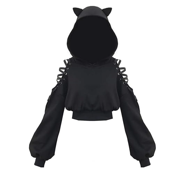 Women Hoodies Long Sleeve Cute Ear Cat Off Shoulder Crop Top Pullover Sweatshirt