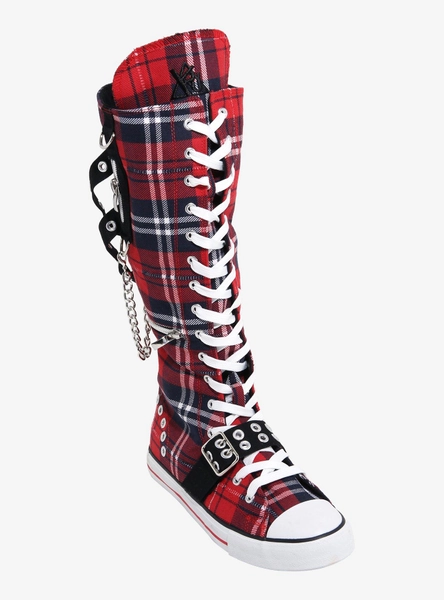 YRU Red Plaid Rawr Knee-High Lace-Up Sneakers