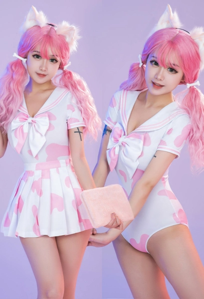 Women Japanese Uniform Style Kawaii Cow Printed Bodysuit and Skirt with Bowknot