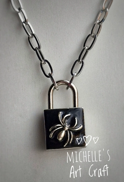 Black Padlock With Spider For BDSM Discrete Day Collar Goth Locking Choker Ownership Submissive Gift Padlock With Key &Optional Chain
