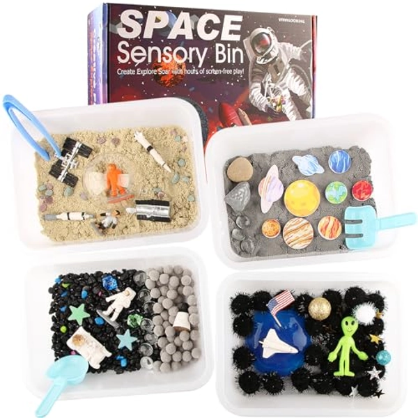 Space Themed Toys Sensory Bin Filler,Planet Toys for Kids, Universe Solar System Toys for Autistic Children, Space Astronauts Sensory Toys for Toddlers with 9 Planets, Sand, 3 Tools and More