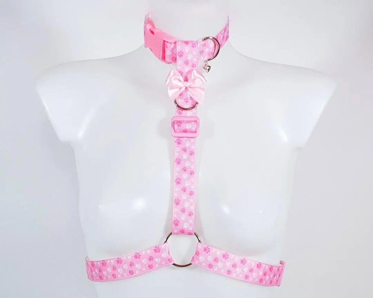 Pink Pawprint Collared Style Upper Body Chest Harness with Collar, Leash Optional - Pride Festival, Cyber Goth Rave Wear, Kawaii Petplay