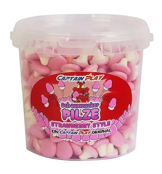 CAPTAIN PLAY Schaumzucker Pilze Erdbeere, 500g Party Bucket Süßigkeiten Großpackung mit leckeren Retro Süßigkeiten