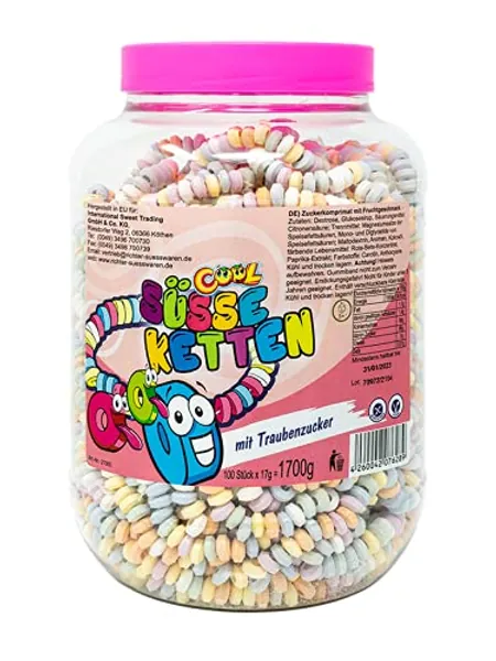 Cool 100 süsse Ketten mit Traubenzucker | Dextrose Armbänder | Mädchen Geburtstag | in der wiederverschließbaren Dose, 1er Pack (100 x 17g) - Ketten