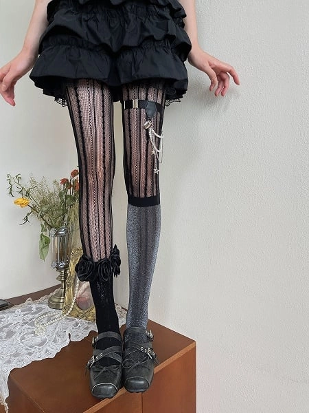 [$5.99]Black Hollow-out Tights/Leg Loop with Beaded strands and Star-shaped Charms/Floral Trims Socks/Black Semi-sheer Underknee Stockings
