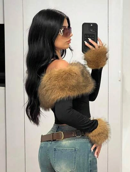 SHEIN ICON Fluffy Collar Splice Off Shoulder Long Sleeve T-Shirt, Fashionable And Elegant, Autumn/Winter