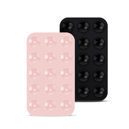 2pcs Double Sided Suction Cup Phone Mount, Silicone Phone Suction Holder Back of Phone Multifunctional Sticky Suction Phone Case for Shower Mirror Fingertip Toys(Black, Light Pink) - Black, Light Pink