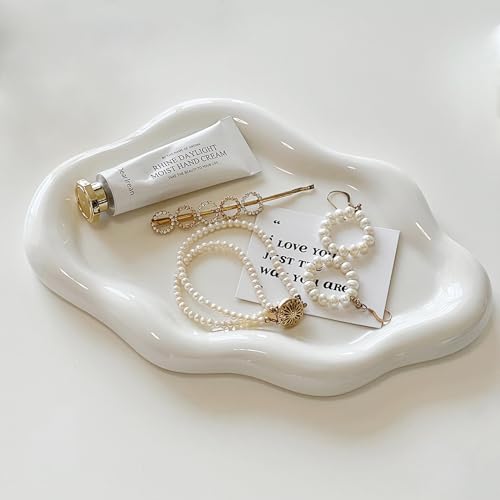 Ceramic Jewelry Dish for Women, Jewelry Tray Trinket Dish, Irregular Cloud Shape Ceramic Plate, Watch Keys Tray Ring Dish Holder for Mother's Day/Christmas/Thanksgiving/Birthday Gift(White) - White