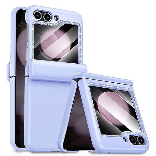 Caka for Galaxy Z Flip 5 Case with Hinge Protection, Z Flip 5 Case with Screen Protector Full Cover Slim Diamonds Women Girls Phone Case for Samsung Galaxy Z Flip 5 (2023) - Glitter Purple - Purple with Diamonds