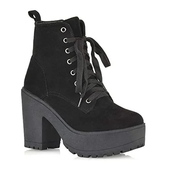 ESSEX GLAM Womens Lace Up Ankle Boots Retro Ladies Chunky Platforms Goth Combat Booties