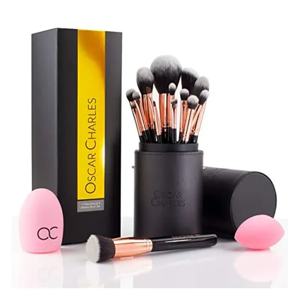 
                            Oscar Charles 15-Piece Professional Makeup Brush Set with Beauty Blender and Cleaner in Stylish Brush Case, Presented in a Beautiful Ladies' Gift Box - Rose Gold
                        