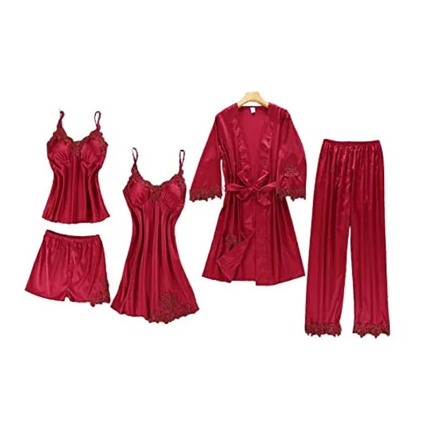 Chongmu Womens Pyjamas Lace Satin Sleepwear Solid Color Silk Robe Gown Set Home Wear 5pcs Nightdress V-Neck Cami