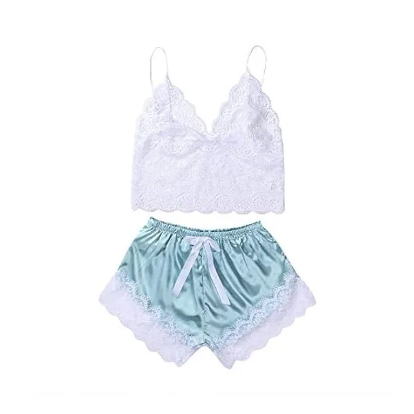 Women Lingerie Set, 2-Piece See Through Floral Sling Hollow Design Lace Bra Bow Patchwork Short Pants Underwear Lingerie Sets