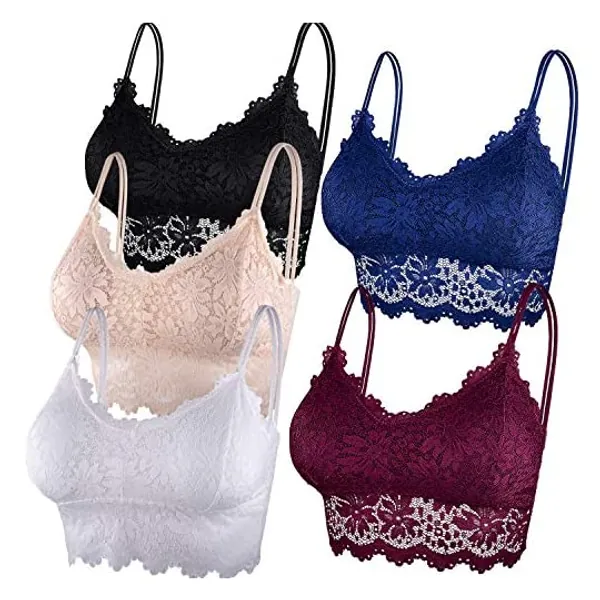 Duufin 5 Pieces Bralette Lace Padded Bralette Lace Bra Tube Bra Lace Top with Straps and Removable Pads for Women Girls