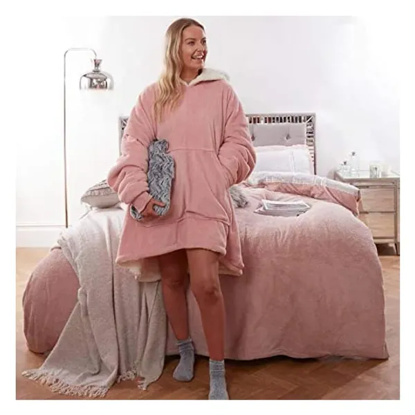 Sienna Hoodie Blanket Ultra Soft Sherpa Fleece Warm Cosy Comfy Oversized Wearable Giant Sweatshirt Throw for Women Girls Adults Men Boys Kids Big Pocket - Blush Pink