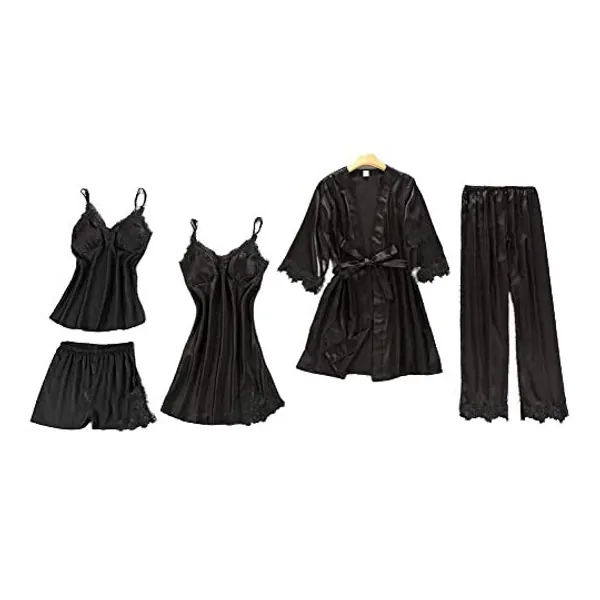 Chongmu Womens Pyjamas Lace Satin Sleepwear Solid Color Silk Robe Gown Set Home Wear 5pcs Nightdress V-Neck Cami