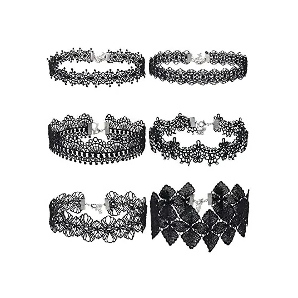 Mudder Choker Necklace Black Choker Lace Choker Gothic Necklace for Women Girls, Black, 6 Pieces
