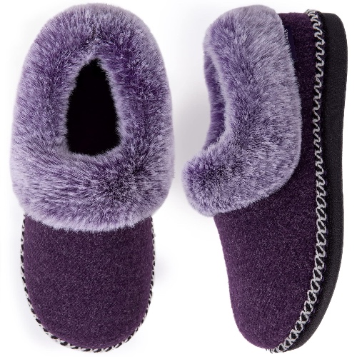 EverFoams Women's Luxury Wool Slippers with Fluffy Faux Fur Cuff and Handmade Lace Decor - 6 UK Black