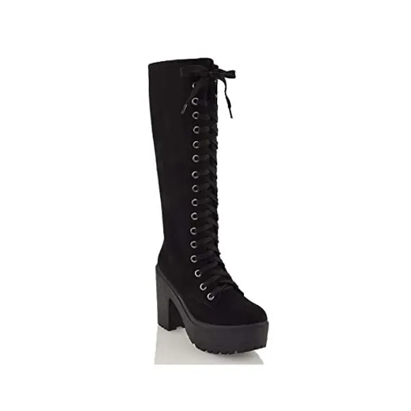 Lace Up Mid Knee High Boots Ladies Cleated Chunky Block Platform Goth Combat Biker Lace Up Black Boots Size 3-8