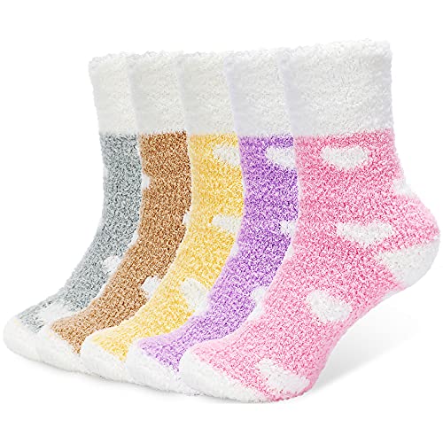 AUGOLA Thermal Winter Womens Socks, 5 Pairs Wool Warm Knitting Ladies Socks, Nordic Socks Cosy Fluffy Socks Vintage Style Soft Cotton Thick Bed Sock for Home Office School, Christmas Gifts for Women - One Size - Heart Style