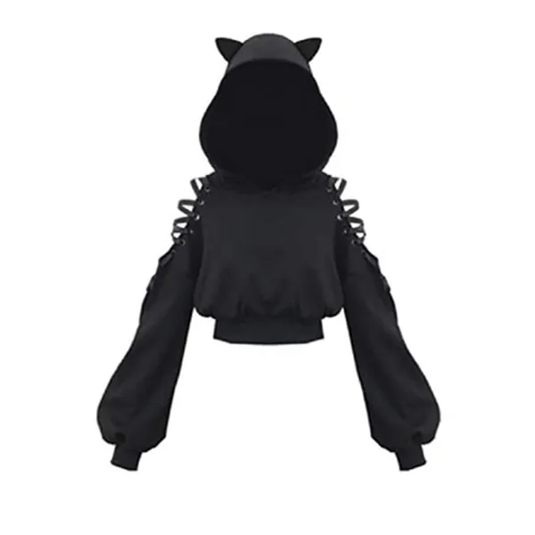 Womens Cat Ears Black Hoodie Long Sleeve Sweatshirt Cute Casual Hollow Out Pullover Short Tops Blouse Crop