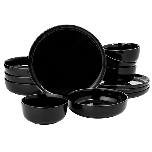 Gibson Home Oslo 12-Piece Porcelain Chip and Scratch Resistant Dinnerware Set, Black,Service for 4 - Black - Service for 4 (12pcs) - Dinnerware Set