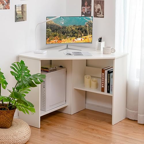 Tangkula White Corner Desk - 90 Degrees Triangle for Computer, Small Space, Bedroom, Makeup Vanity Desk with Storage Shelves & CPU Stand, Space Saving Writing Desk - White
