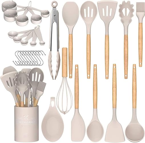 Umite Chef Kitchen Cooking Utensils Set, 33 pcs Non-Stick Silicone Cooking Kitchen Utensils Spatula Set with Holder, Wooden Handle Silicone Kitchen Gadgets Utensil Set (Khaki) - Khaki