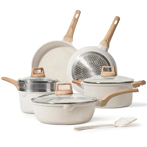 CAROTE Pots and Pans Set Nonstick, White Granite Induction Kitchen Cookware Set, 10 Pcs Non Stick Cooking Set w/Frying Pans & Saucepans(PFOS, PFOA Free) - Cream White - 10 Piece