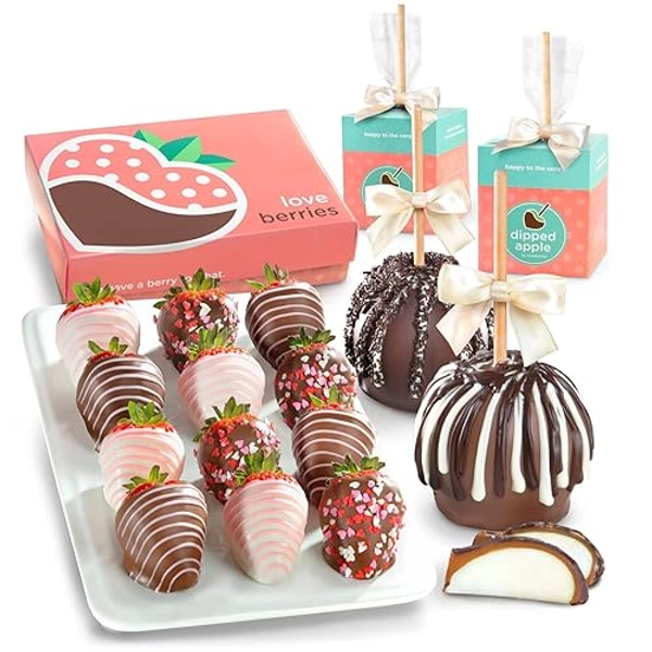 A Gift Inside One Dozen Original Love Berry Dipped Strawberries & Chocolate Delight Caramel Apple Duo