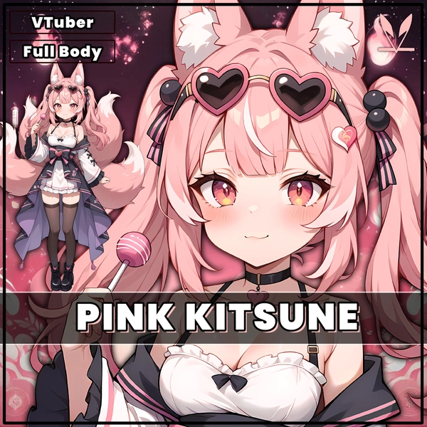 VTuber - Pink Kitsune Girl for vtube studio as a cute Pink, full body vtuber cat fox girl live2d model customizable