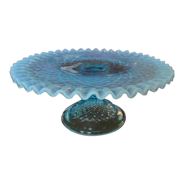 Antique Blue Opalescent Pressed Glass Ruffle Edged Pedestal Cake Stand