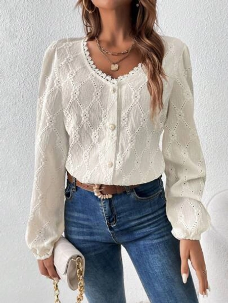 Frenchy Solid Guipure Lace Trim Lantern Sleeve Blouse,Long Sleeve Tops