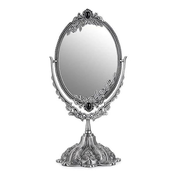 JUXYES Metal Tabletop Antique Decorative Makeup Mirror with Stand, Vintage Swivel Double Sided Cosmetic Mirror with Frame, Retro Desktop Oval Dressing Mirror for Bathroom Bedroom