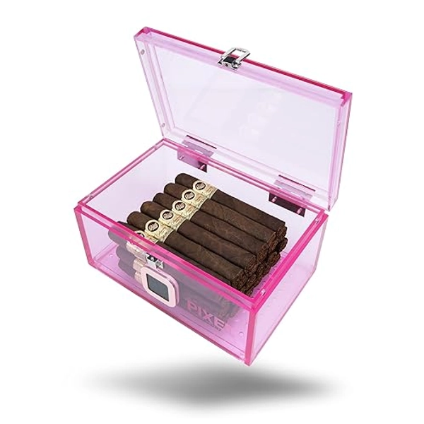 Pixel Cartel - Acrylic Cigar Humidor Case/Box with Digital Hygrometer - Pink Color - Cigar Gifts for Women and Men - Can Hold About 15-20 Cigars