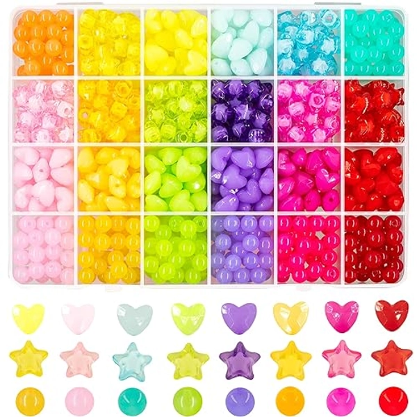 560Pcs Candy Color Pastel Beads Acrylic Heart Beads Stars Beads Colorful Pony Beads Round Beads Cute Loose Plastic Beads Bulk for Jewelry Making DIY Craft Necklace Rainbow Bracelet(Jelly Color Beads)