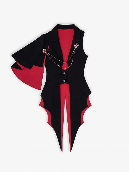 [$43.00]Halloween Vampire Black and Red Curved Split-Tail Waistcoat with One-Shoulder Cape Design