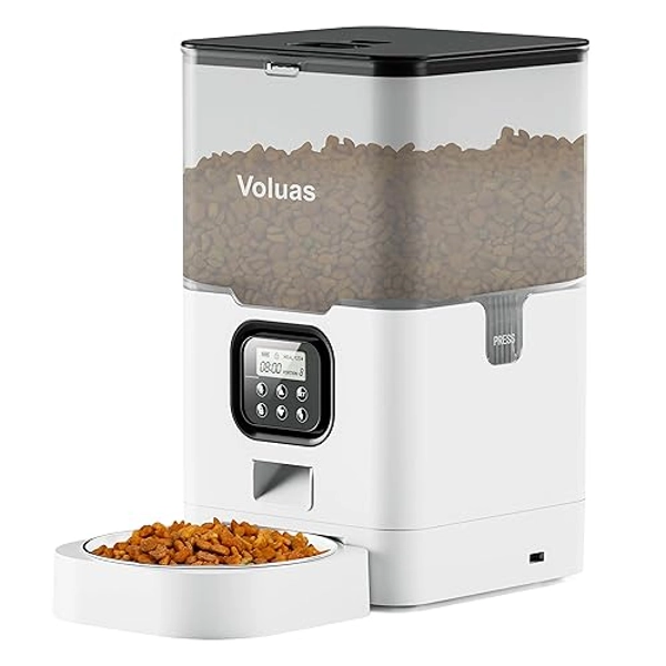 VOLUAS Automatic Cat Feeders - Pet Food Dispenser for Dry Food, Timed Cat Feeder with Desiccant Bag, Programmable Portion Size Control 4 Meals Per Day, 10s Voice Recorder