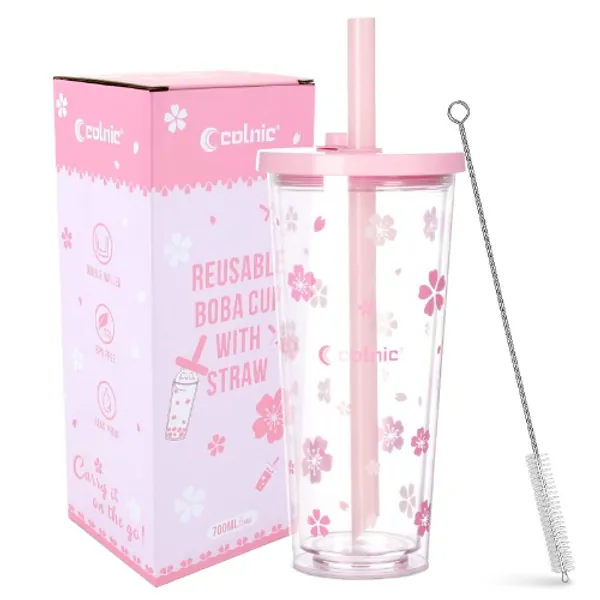 Reusable Boba Cup With Lids And Straws, 24Oz/700ml Smoothie Cups, Iced Coffee Cup, Leakproof Kawaii Cup, Boba Cups Tumbler With Boba Reusable Straw,Double Wall Clear Insulated Bubble Tea Cup by Colnic - Pink