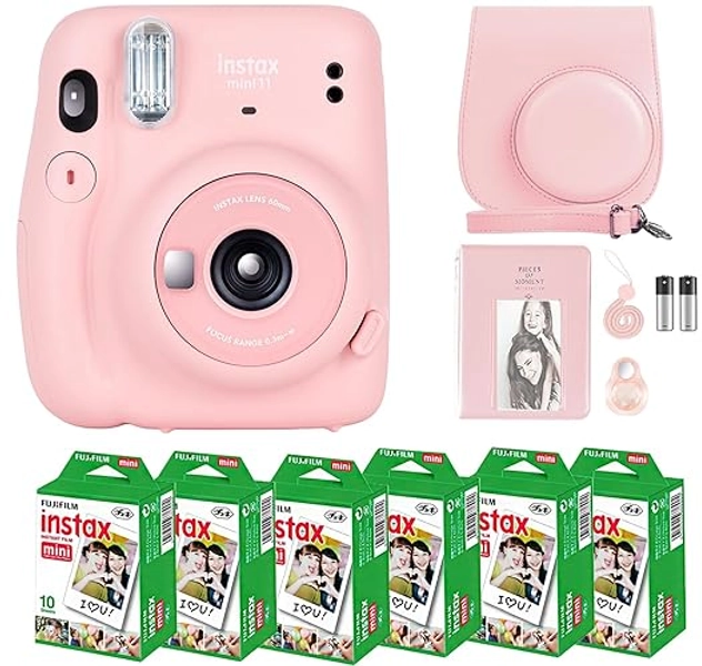 Fujifilm Instax Mini 11 Camera with Fujifilm Instant Mini Film (60 Sheets) Bundle with Deals Number One Accessories Including Carrying Case, Selfie Lens, Photo Album, Stickers (Blush Pink)