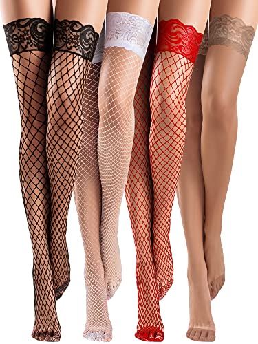 Bencailor 4 Pairs Fishnet Thigh High Stocking Silicone Lace Top Sheer Over Knee Stocking Silky Stockings for Women - Red, White, Black, Coffee - Medium