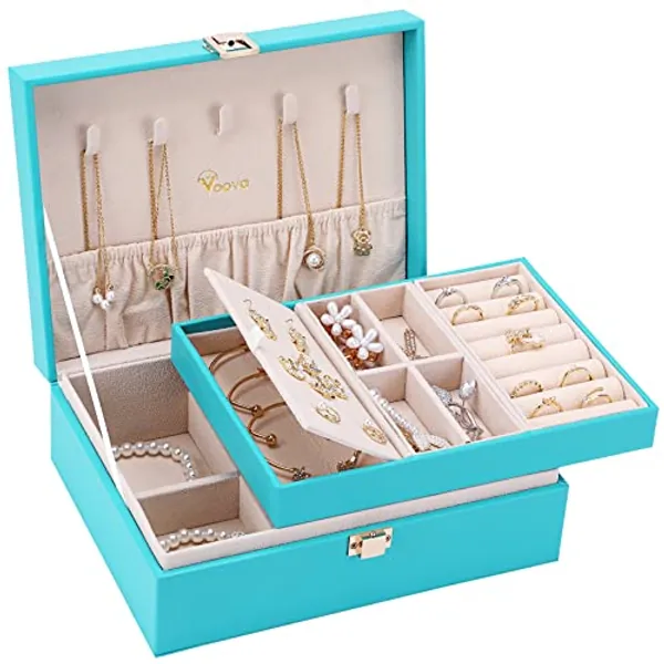 Voova Jewellery Box Organiser for Women Girls, 2 Layers Large Jewelry Storage Case, PU Leather jewlerrying Display Holder with Removable Tray for Necklace Earrings Rings Bracelets, Teal - Teal